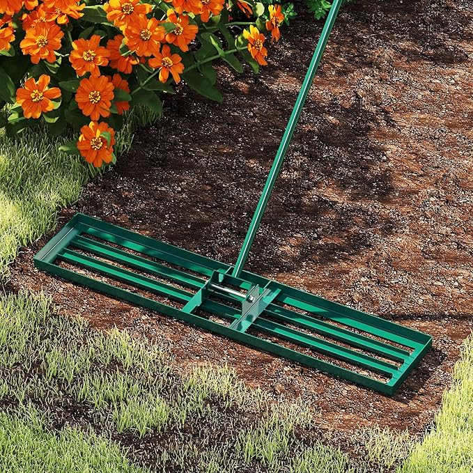 46" x 10" Lawn Leveling Rake, Heavy Duty Landscape Rake with 67" Handle, Non-Slip Grip & Flat Head, Space-Saving Lawn Level Tool for Garden, Backyard, Golf Course & Sports Field(Green)