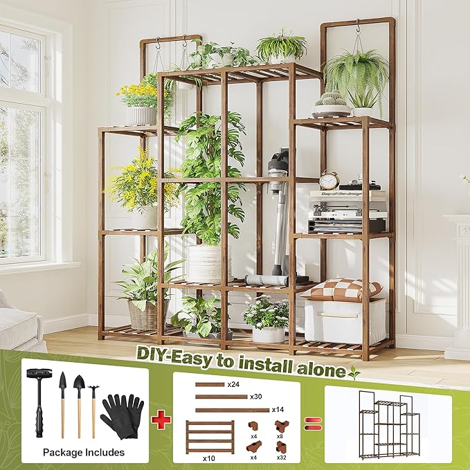 EnHomee Plant Stand Indoor Tall Plant Stand Outdoor Large Wood Plant Shelf Indoor for 14 Pots Plants,4-tiers Plant Holder for Patio Living Room Gardening Balcony 44.8" Wx47.2 Hx11.78 D