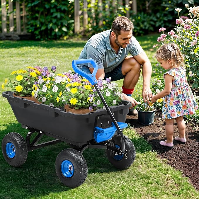 800lb Garden Dump Cart,Utility Wagon Wheelbarrows with Quick-Release System&4 Pneumatic Tires,Heavy Duty Yard Dump Wagon with Steel Frame for Yard, Farm, Garden and Holiday Hauling (Blue)