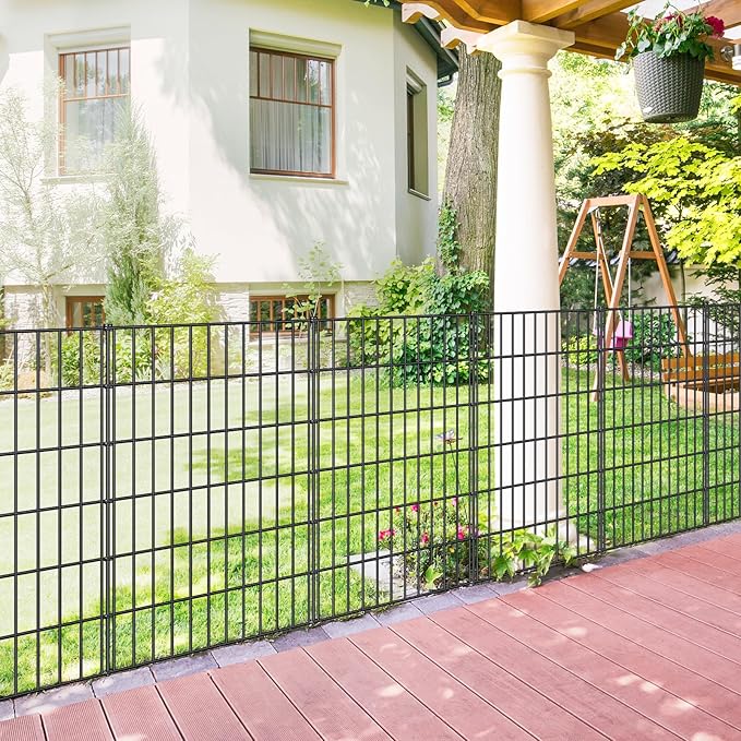 Metal Garden Fence 40in (H) x 18.7ft (L), 8 Panels + 9 Stakes Dog Fence Border Fence Animal Barrier, No Dig Garden Fencing for Yard Flower Bed Lawn Patio Outdoor, PIN402808 Black
