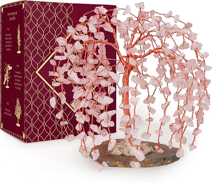 Rose Quartz Crystal Tree of Life Chakra Healing, Home and Office Desk Decor, Feng Shui Bonsai Trees for Postive Energy, Money, Good Luck, Christmas Decor, Spiritual Birthday Gifts for Women, Mom
