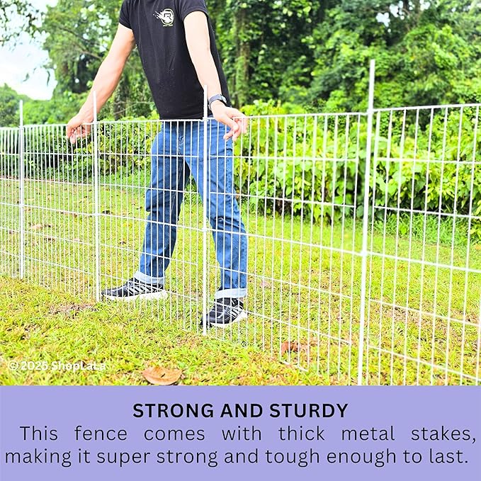 ShopLaLa Decorative Garden Fence (6 Panels) 28in(L) x 32in(H) Animal Barrier Fencing Rustproof White Metal Wire Flower Bed Edging for Yard Landscape, Small Dog Border No Dig Gates Fences Decor D-YC32