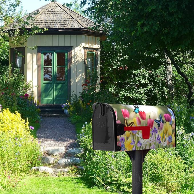 Spring Tulip Mailbox Covers Magnetic Oversized Spring Flowers Mailbox Wraps Large Size 25.5" X 21" Summer Butterfly Floral Resistant Post Letter Box Cover for Garden Yard Home Outdoor Decor
