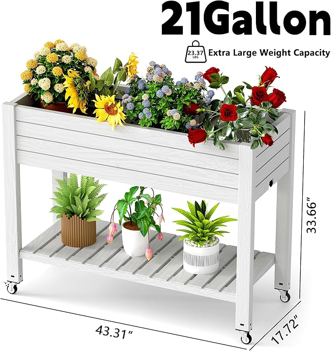 EasyUp Elevated Horticulture Raised Garden Bed with Legs, Divisible Raised Resin Planter Box for Backyard, Patio, Balcony, with 4 Legs, 4 Swivel Lockable Wheels, and Storage Shelf,Ashen