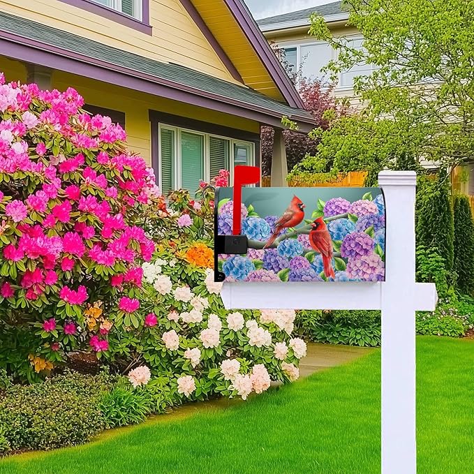 Summer Hydrangea Mailbox Cover Spring Cardinal Bird Mailbox Covers Magnetic Standard Size 21x18 in Blue Purple Floral Post Letter Box Cover Wrap for Home Farmhouse Garden Decor
