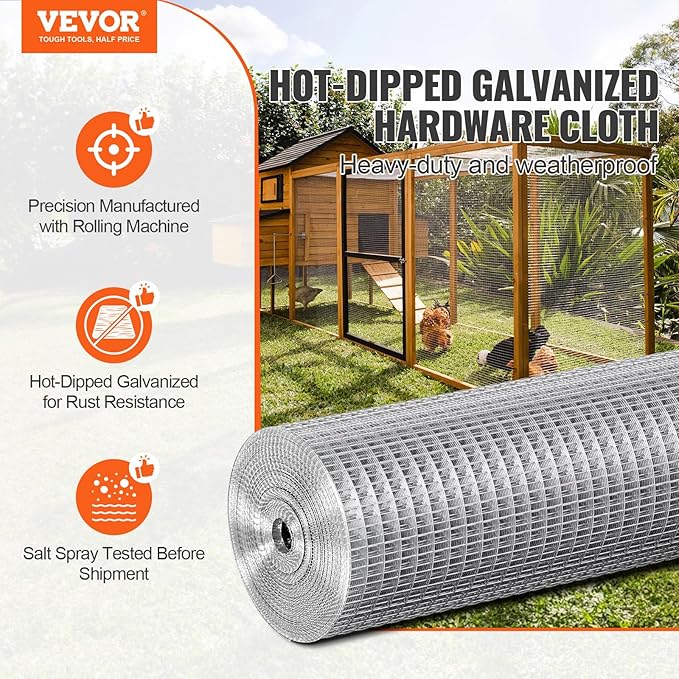 VEVOR Hardware Cloth, 1/2 inch 24in x 25 ft 19 Gauge, Hot Dipped Galvanized Wire Mesh Roll, Chicken Wire Fencing, Wire Mesh for Rabbit Cages, Garden, Small Rodents
