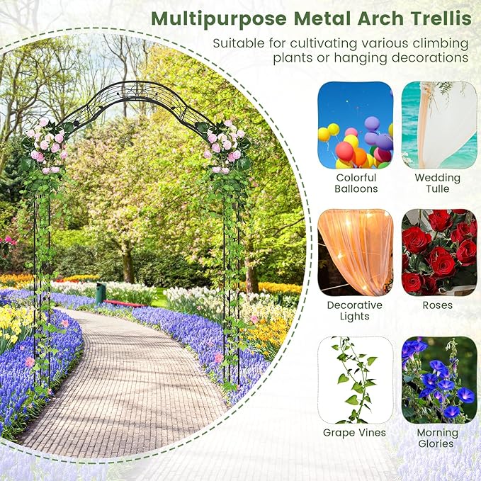IRONMAX Garden Arch, Heavy Duty Galvanized Steel Arbor w/ 7 Sizes & Metal Flower Leaf Decoration, Outdoor Garden Trellis for Climbing Plants Rose Vines & Wedding Party Ceremony
