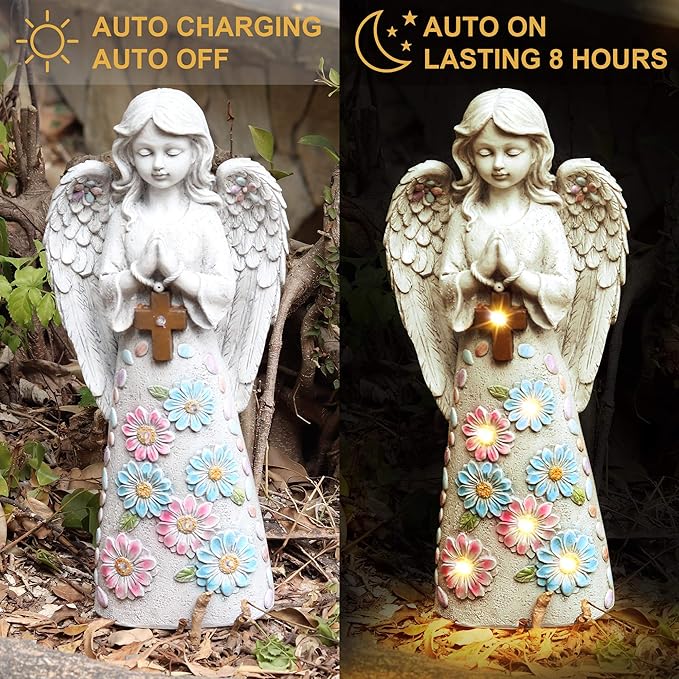 Angel Garden Statue Outdoor Figurine, Solar Powered Garden Sculpture with 6 LEDs Resin Praying Angel Decor for Patio Lawn Yard Porch Decoration Christmas Birthday Housewarming Present 13.2” H
