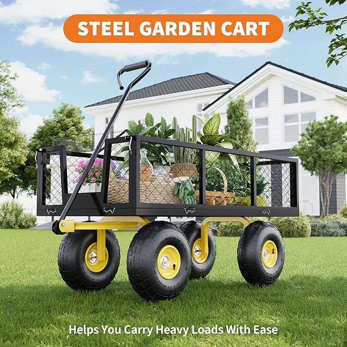500 Lbs Garden Wagon, 2-in-1 Heavy-Duty Steel Garden Cart, with 10 Inch All-Terrain Tires and Removable Mesh Side Panels, 180° Rotating Handle, Metal Multi-Function Carts, Outdoor Gardens Wagon Cart