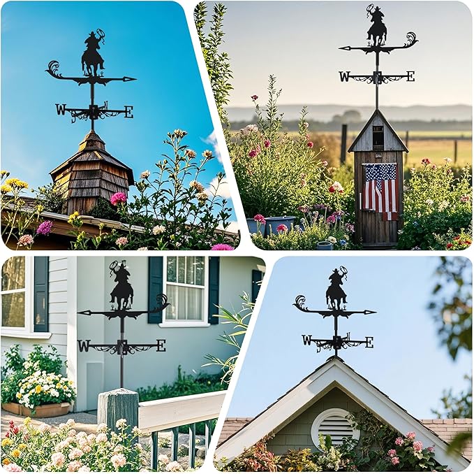 Cowboy Weather Vane, Black Metal Weathervane Roof Mount, Wind Vane Ornament Decoration for Shed Garden Yard Farmhouse Patio Decor, Wind Direction Indicators Wind Measuring Tool Outdoor