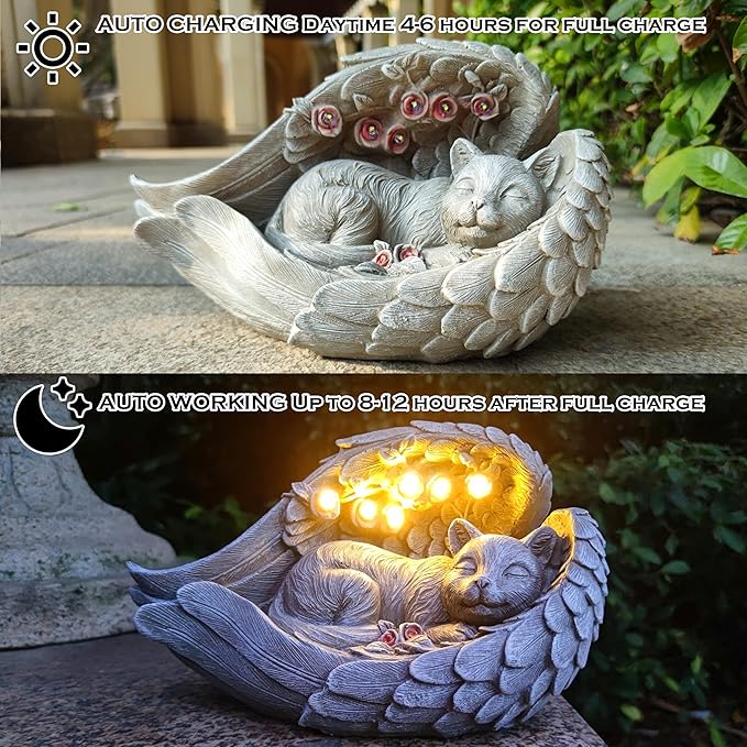 Solar Cat Garden Statue Decor for Outside, Cat Lover Gifts with Wings and 7 LED Lights for Outdoor,Sol Garden and Patio Decor for Yard, Unique Birthday House Warming Gifts for Mom
