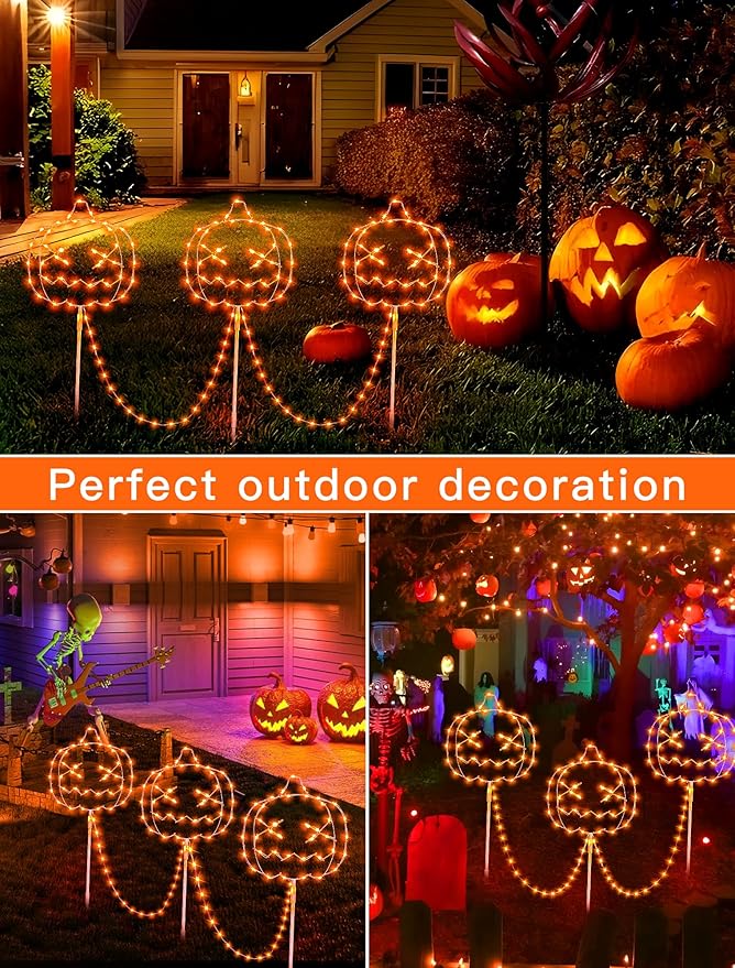Halloween Walkway Lights,163LED Outdoor Pumpkin Decorations Light Plug in,Timer 8 Modes Garden Stake String Lights for Pathway,Fence,Patio,Yard,Party,Halloween Decor-Orange