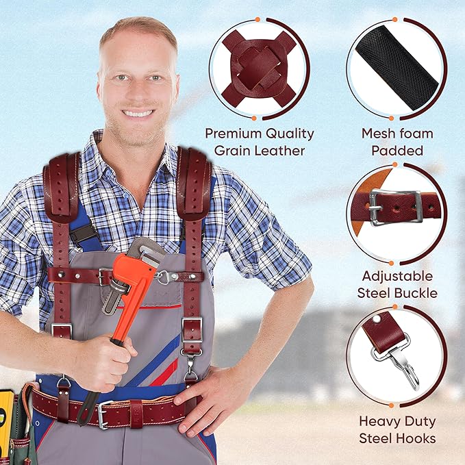 FUERI Tool Belt Leather Suspenders for Men Heavy Duty Bags Construction Carpenter Tools Electricians Framers