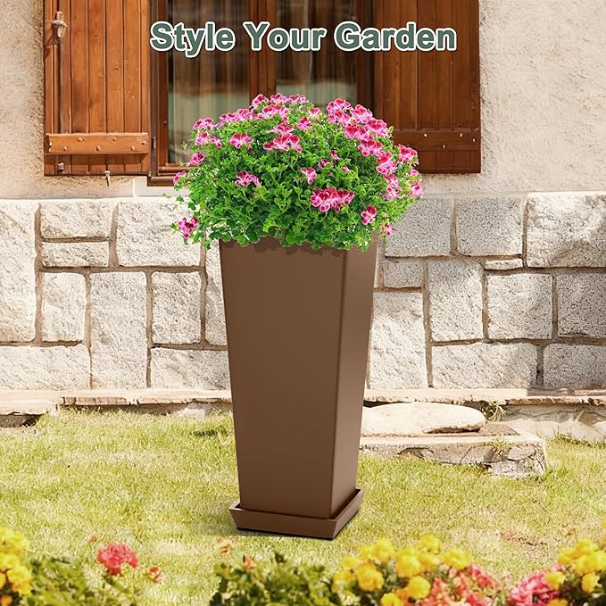 Set of 2 Large Planters for Outdoor Plants 24" Tall Tapered Modern Flower Pots with Drainage Tray for Garden, Patio, Porch (Brown)