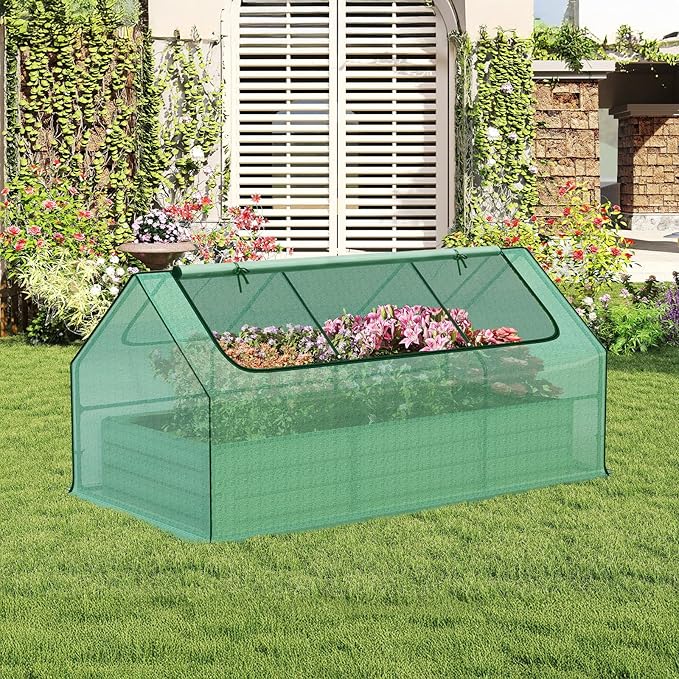 Aoodor 6ft. x 3ft. x 1ft. Raised Garden Metal Bed Mini Greenhouse Kit with 2 Roll-up Zipper Doors, for Vegetables Herbs and Flowers