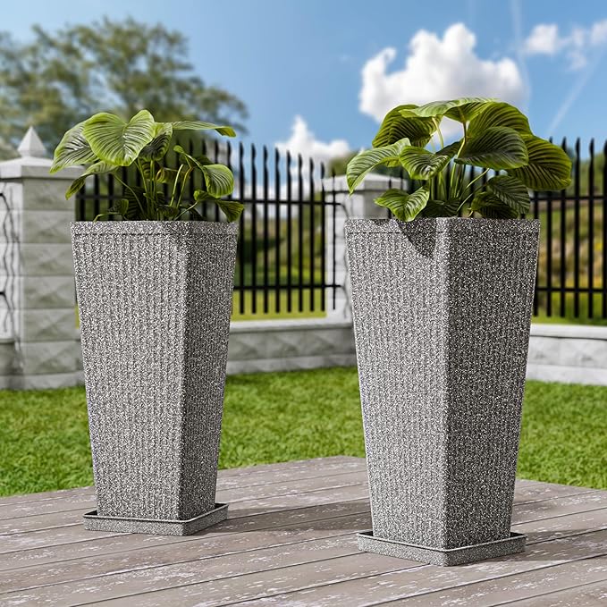 Tapered Tall Planters for Outdoor Plants 2 Pack- 23.6 Inch Heavy-Duty Classic Square Indoor Flower Pots with Drainage Holes/Partition/Tray, Large Outdoor Planters for Porch Patio, Gray