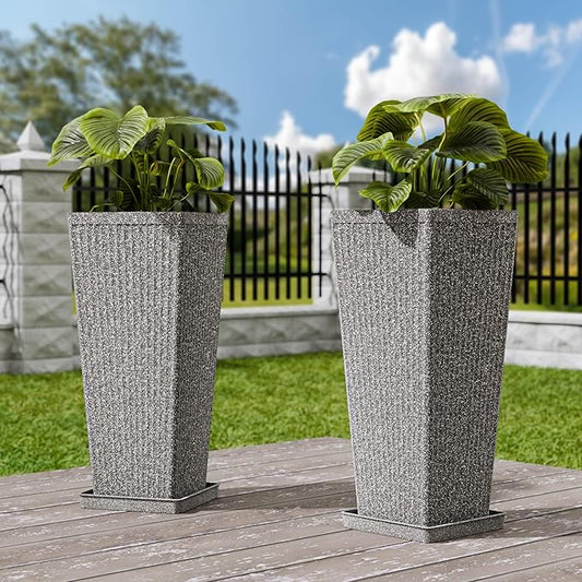Tapered Tall Planters for Outdoor Plants 2 Pack- 23.6 Inch Heavy-Duty Classic Square Indoor Flower Pots with Drainage Holes/Partition/Tray, Large Outdoor Planters for Porch Patio, Gray