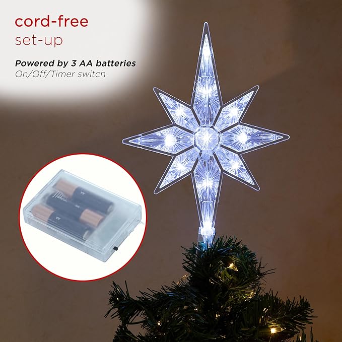 Alpine Corporation 13" H Snowflake 8-Point Tree Toppers with 31 Cool White LED Lights, Christmas Decoration