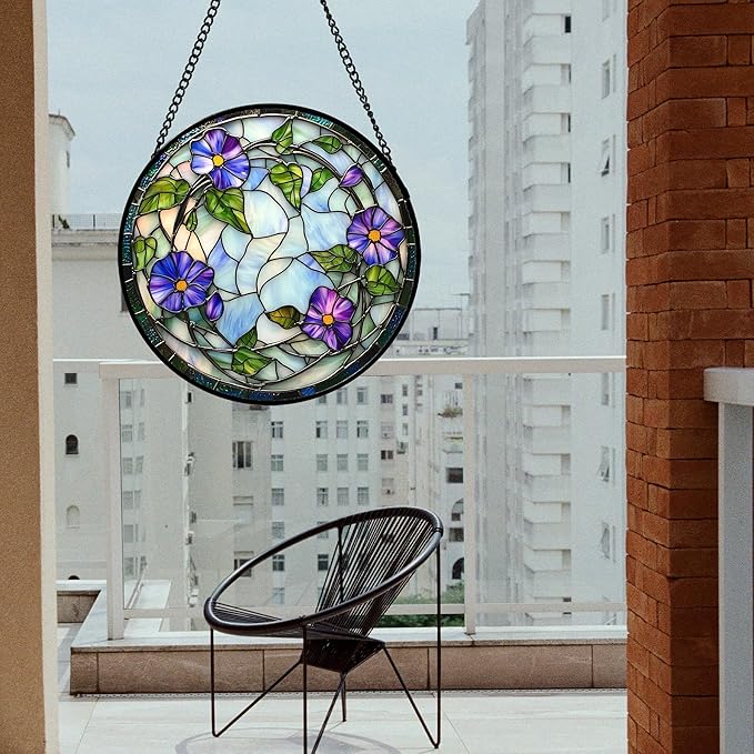 Stained Glass Window Hanging, Purple Morning Glory Flowers Suncatcher for Doors Window Home Plant Sun Catchers Decoration Mother's Day Birthday Gifts for Women, Men, and Mom 6.3x6.3 in