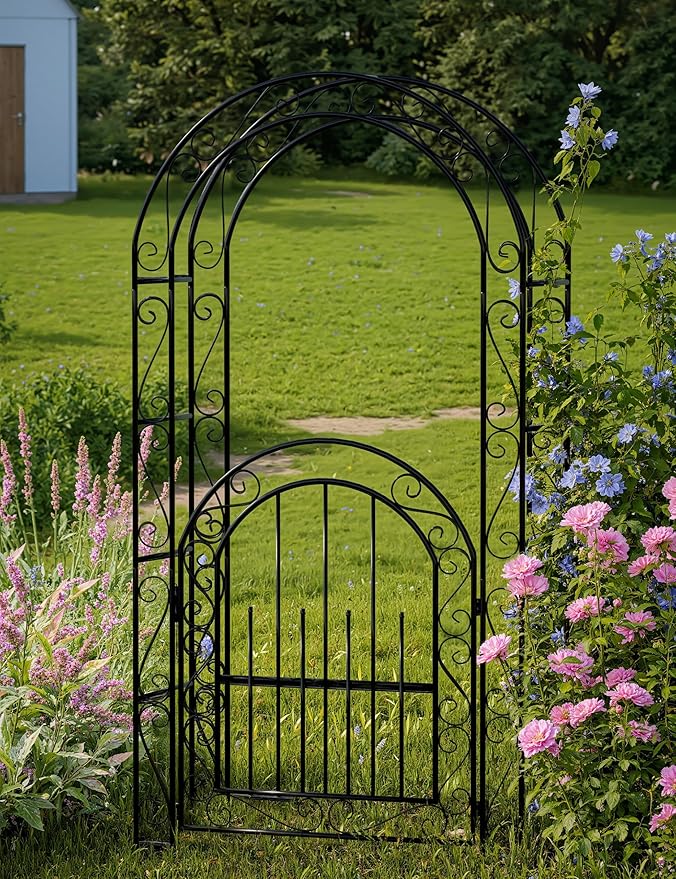 7 FT Elegant Garden Arch with Gate - Romantic Steel Wedding Arbor for Climbing Roses & Vines, Decorative Metal Archway for Lawn, Patio or Backyard, Classic Black
