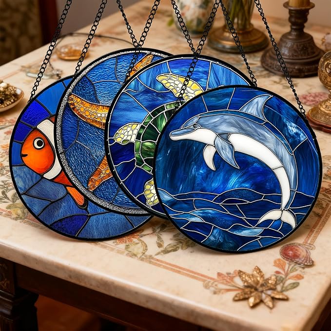 Stained Glass Window Hanging 4 Pcs Set Blue Ocean Turtle Dolphin 9.8" - Marine Life Suncatcher Garden Sun Catcher Decor Birthday Mother's Day for Mom Woman Nana Men