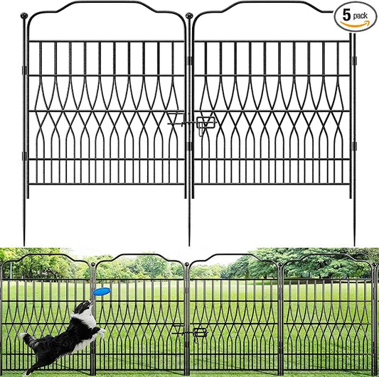 Bepatio 5 Panels Tall Garden Fence with Latch, 43.3in (H) x 14.8ft (L) Dog Fence Outdoor for Yard, Arc Metal Fencing Panels, Animal Barrier Fencing for Outdoor, Patio, Flower Bed