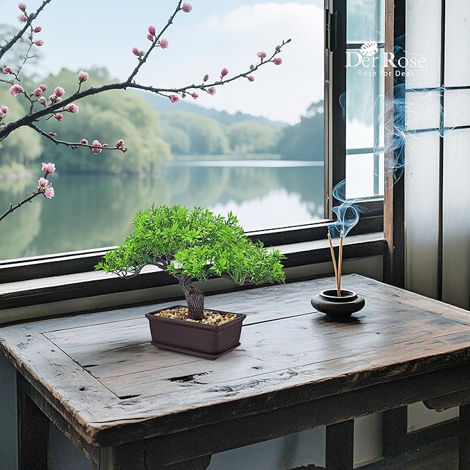 Der Rose 8'' Artificial Bonsai Tree Small Fake Potted Plants for Mens Zen Japanese Home Office Desk Bathroom Shelf Decor Indoor