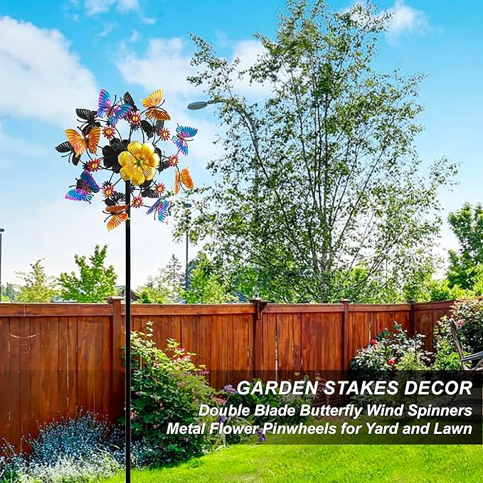 Double Blade Butterfly Wind Spinners, Outdoor Garden 360° Swivel Spinners 50 inch Garden Stakes Decor, Metal Flower Pinwheels for Yard and Lawn