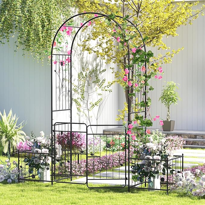 Giantex Garden Arch with Planter - 86 inch Metal Garden Arbor with Gate, Arch Trellis for Climbing Plants Rose, Wedding Archway Pergola for Lawn Patio Bridal Party Decoration