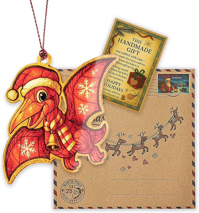 Pterodactyl Ornament – Cute Dinosaur – Flying Dino Decor – Kids Holiday Card – Christmas Dino Ornament – Suncatcher Effect Stained Glass Window Hanging – Car Hanging