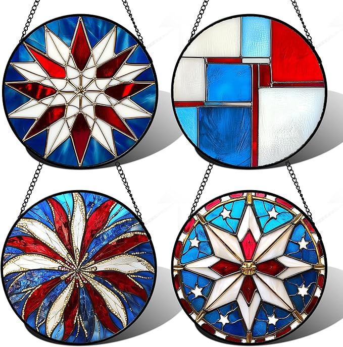 Stained Glass Window Hanging 4 Pcs Set Abstract Flowers in Red White Blue 6.3" - Suncatcher Door Garden Sun Catcher Decor Birthday Mother's Day Xmas Gift for Mom Woman Nana Men Parents