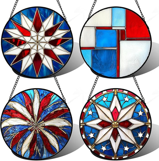 Stained Glass Window Hanging 4 Pcs Set Abstract Flowers In Red White Blue Large 11.8" - Suncatcher Door Garden Sun Catcher Decor Birthday Mother's Day Xmas Gift for Mom Woman Nana Men Parents