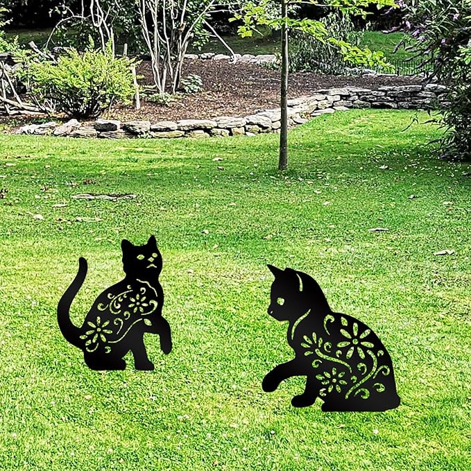 Metal Garden Stakes Decorative, Black Cat Silhouette Yard Decorations Outdoor Decor Patio Lawn Ornament Art for Women/Men/Cat Lovers Gifts