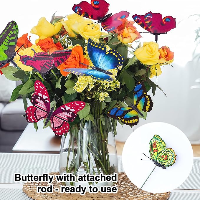 50PCS Butterfly Decorations, 11.8 inch Butterfly Stakes Ornaments Artificial Waterproof Colorfuli Butterflies for Flower Bouquet Outdoor Indoor Yard Art Patio Plant Pot Flower Bed Home Décor
