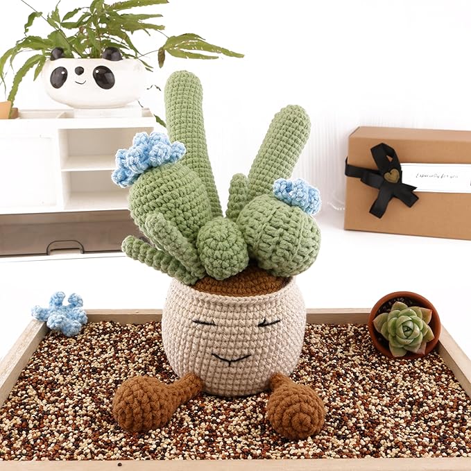 Crocheted Cactus Plants by Hand, Simulated Succulent Plants Potted with Wool Woven Flower for Father's Day, Mother's Day, Thanksgiving Day, Christmas Day and Wedding Decoration (Blue)