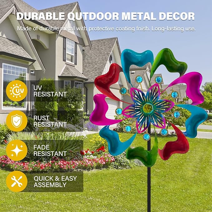 45" Flowers Wind Spinners for Yard and Garden, Sapphire Colored Leaves Kinetic Wind Spinner Outdoor Decor, Wind Sculpture Yard Art Decorations for Patio, Lawn & Garden