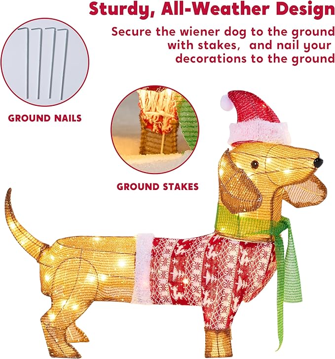 JOYIN Lighted Wiener Dog Christmas Decorations Outdoor, 40 LEDs Warm White Tinsel Dachshund Lights for Christmas Yard Decor, Light Up Xmas Lawn Ornaments with Metal Stakes for Outside Porch Garden