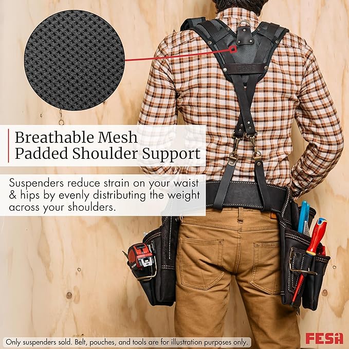 FESA Leather Tool Belt Suspenders for Men with Breathable Mesh Padding, Front Pockets & 4 Loops for Attachment to Work Belts