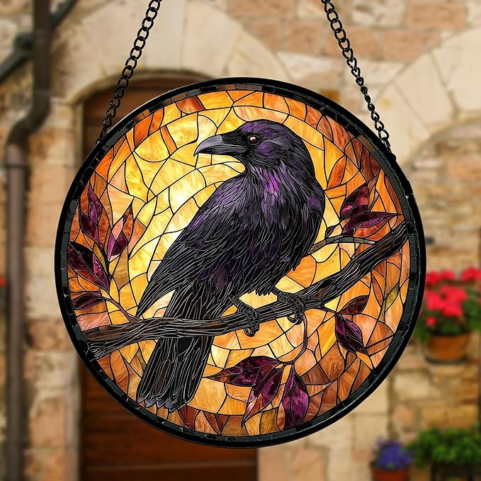 Stained Glass Window Hanging - Crow on a Branch Suncatcher Ready to Hang Window Doors Home Decoration and Christmas, Mother's Day Birthday Gifts for Women, Men, and Mom 11.8x11.8 in