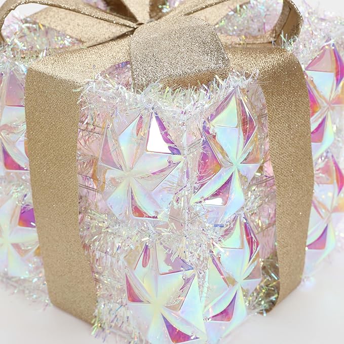 LuxenHome Set of 3 Lighted Gift Boxes, Plug-in Silver Prism with Gold Ribbon Bow Boxes with 70 LED Lights for Entryway, Lawn, Porch, Under Tree Indoor, Outdoor Christmas Decoration