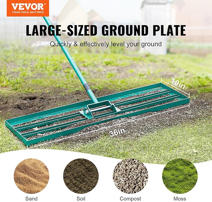 VEVOR Lawn Leveling Rake, 36“ x10 Level Lawn Tool, Heavy-Duty Lawn Leveler with 78"" Steel Extended Handle, Yard Leveling Rake Suit for Garden, Golf Lawn, Farm, Green