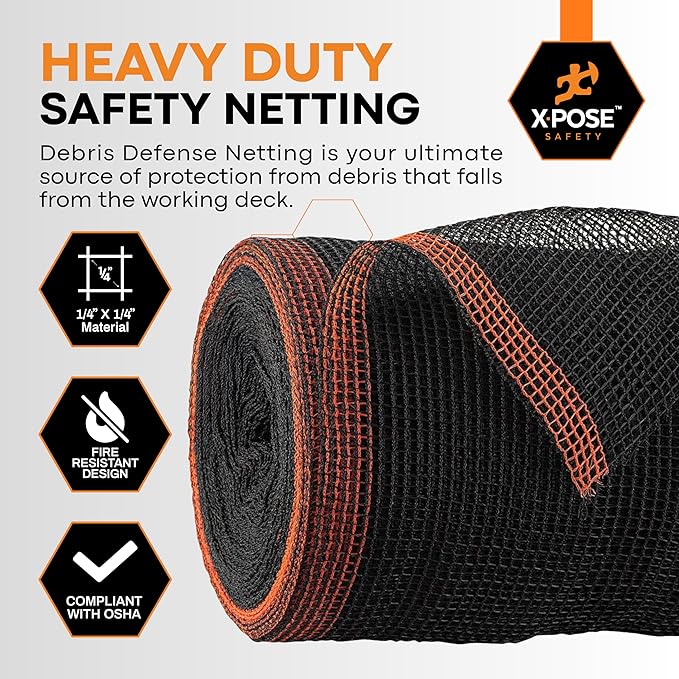 Xpose Safety Construction Safety Debris Netting - 150 Ft Temporary Material Roll, 1/4" Mesh Scaffold Net Enclosure, Visibility Barrier, Fencing Roll, Heavy Duty Fire Retardant 4 ft x 150 ft, Black