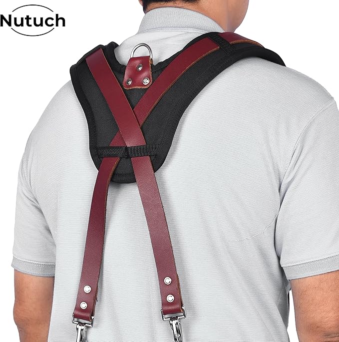 Heavy Duty Leather Work Suspender With Pockets | Fully-Adjustable Padded Leather Tool Belt Suspenders for Men | Construction | Framers | Handyman | Electrician