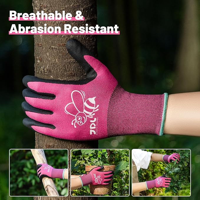 JDL 3 Pairs Nylon Nitrile Coated Gardening Gloves for Women, Touchscreen Yard Garden Gloves, Breathable Safety Work Gloves with Grip, Pink, Small