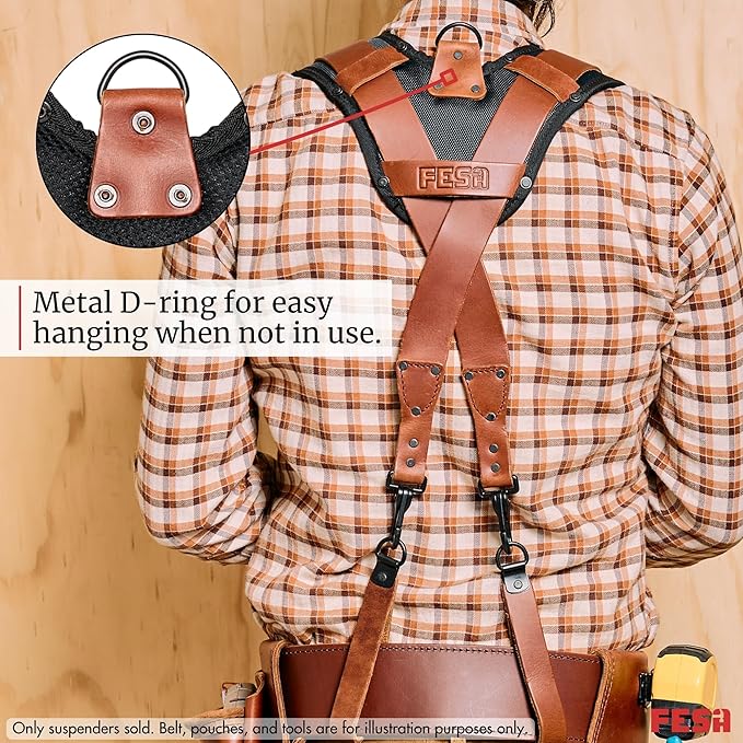 FESA Leather Tool Belt Suspenders for Men with Breathable Mesh Padding, Front Pockets & 4 Loops for Attachment to Work Belts