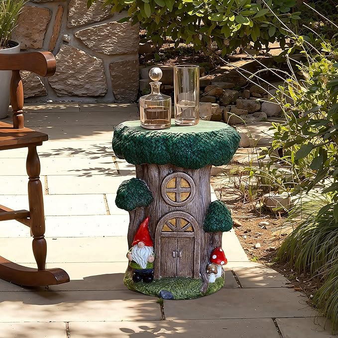 LuxenHome Gnome Garden Statue,17'' Tree House Statue, Outdoor Side Table, Plant Stand for Balcony, Gift, Large Garden Ornaments Yard Decor, Fairy House, Patio Side Table, Sculpture, Tree Stump
