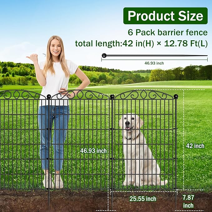 Decorative Garden Fence 6 Panel - 42in H x 12.78ft L, No Dig Rustproof Metal Tall Animal Barrier for Dogs Rabbits, Outdoor Border for Yard, Patio, and Flower Beds