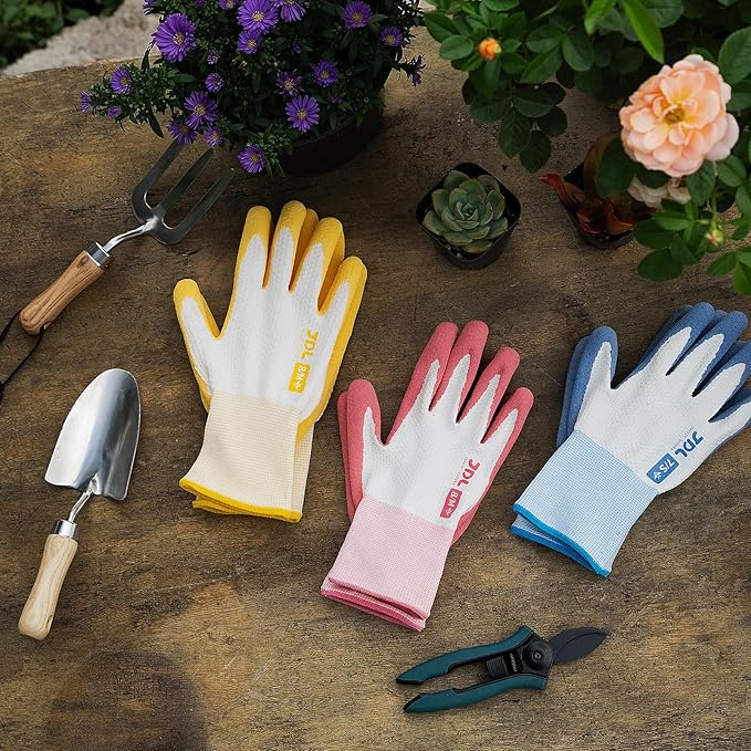 JDL Gardening Gloves for Women, 2 Pairs Breathable Latex Coated Yard Garden Gloves, Rubber Outdoor Protective Work Gloves with Grip, Yellow, Large Size