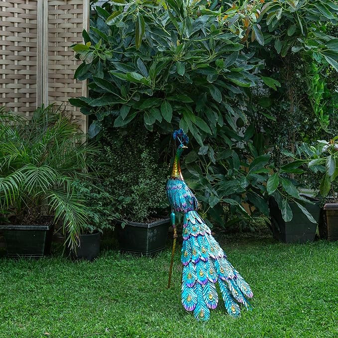 Alpine Corporation JUM207 Indoor Outdoor Metallic Peacock Standing Yard Statue Decoration, 37" Tall, Multicolor