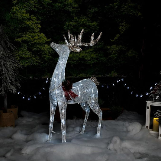 Alpine Corporation 50" H Mesh Holiday Reindeer Lawn Decoration with Cool White Lights, Christmas Decoration